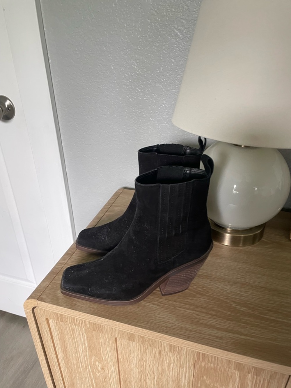 Vince Camuto Black Suede Ankle Booties with Stacked Heel